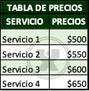 tabla de precios de los servicios