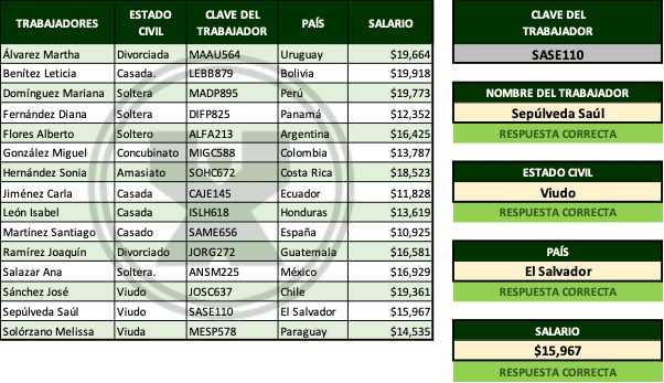 Ejemplo resuelto del ejercicio BuscarX - Búsqueda en Excel