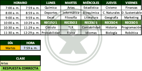 Ejemplo resuelto del ejercicio de la función BuscarX - El horario escolar de un alumno