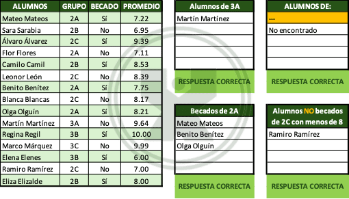 Ejemplo resuelto del ejercicio de la función Filtrar - examen de habilidades